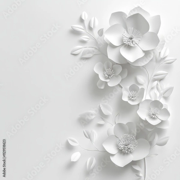Fototapeta white paper flowers wallpaper on white background, spring summer background, floral design elements