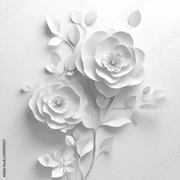 Fototapeta white paper flowers wallpaper on white background, spring summer background, floral design elements