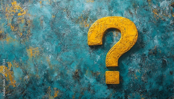 Fototapeta Bright yellow question mark on textured turquoise blue background evokes curiosity in modern design