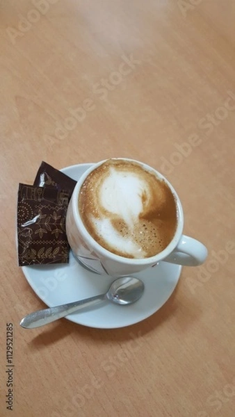 Fototapeta Uma xícara branca de capuccino com dois pacotinhos pretos de açúcar, pires branco e colher, sobre mesa marrom.