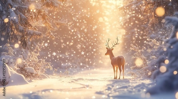 Obraz Majestic deer in a snow-covered winter forest at sunrise.