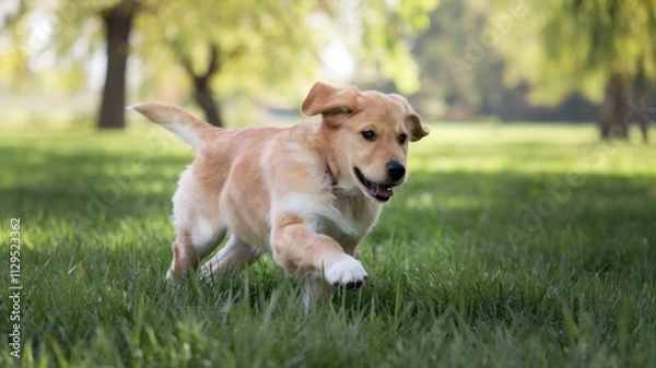 Fototapeta Puppy dog  playing and running at the park