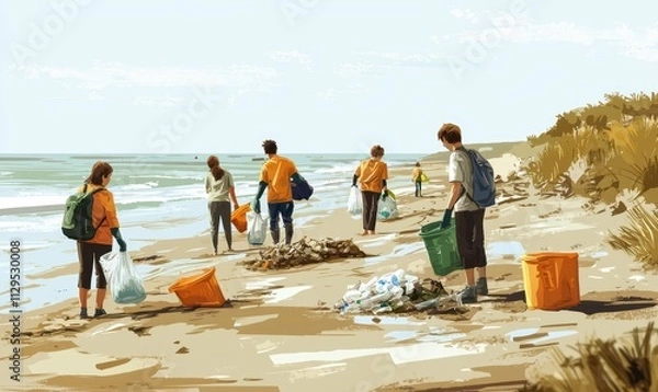 Fototapeta A group of volunteers cleans up litter on a beach, promoting environmental awareness and community involvement in preserving nature.
