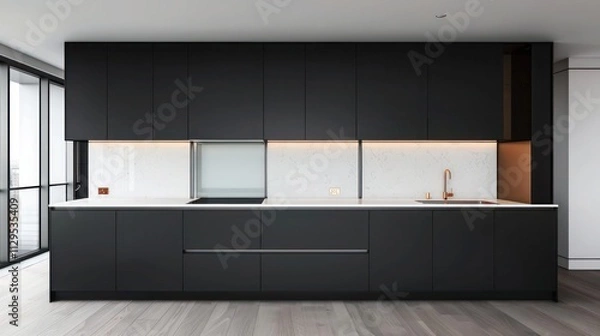 Obraz Elegant minimalist kitchen with black cabinets, white quartz countertops, copper hardware, and sleek glass backsplash in spacious penthouse,
