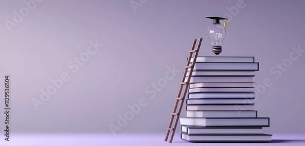 Fototapeta Stack of books with a ladder reaching up to a graduation-capped light bulb, on a lavender-gray background for a sophisticated look.