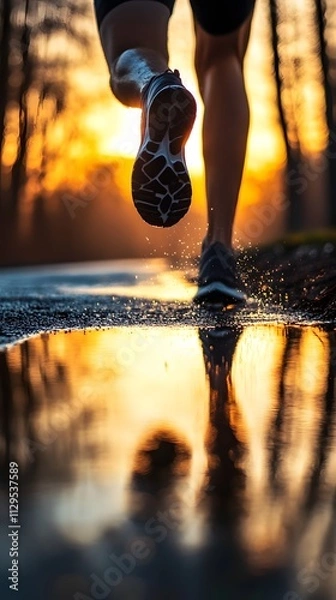 Obraz A close-up of the runner's shoes and their reflection in puddles, with a blurred background of trees at sunset.