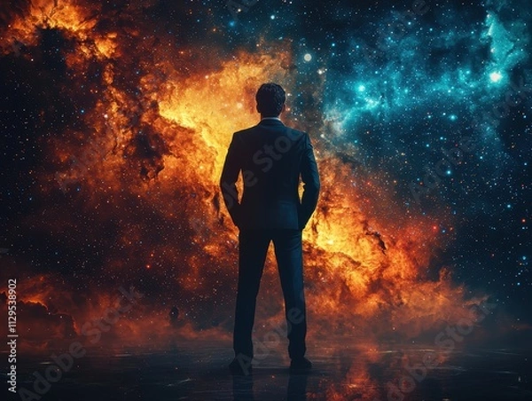 Fototapeta Man silhouetted against cosmic explosion space digital art futuristic dramatic inspiration and exploration