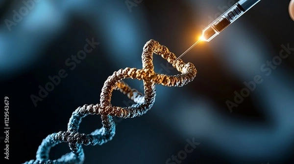Fototapeta Close-up of a DNA double helix with a syringe, symbolizing genetic engineering.