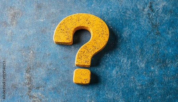 Fototapeta Bright yellow question mark on blue background invites curiosity and prompts inquiry about its meaning and context