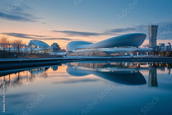Obraz Stunning landscape view of Osaka Expo lake area during sunset with striking architecture reflected in calm waters