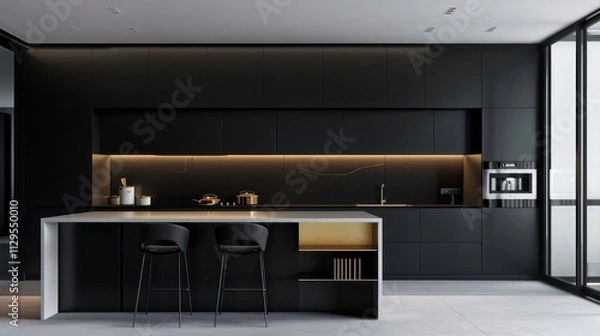 Obraz Modern minimalist kitchen with black cabinets, white quartz countertops, gold accents, and sleek island seating in city apartment,