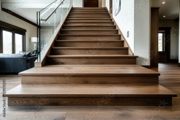 Fototapeta A wooden staircase with wide, dark oak steps and a minimalist glass railing in a contemporary Craftsman-style home