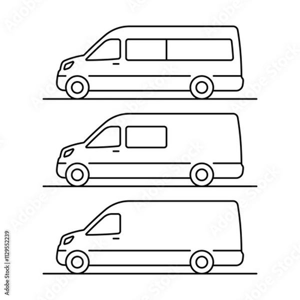 Fototapeta Minibus icon. Black outline linear silhouette. Editable strokes. Side view. Vector simple flat graphic illustration. Isolated object on white background. Isolate.