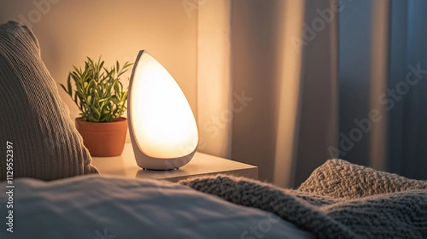 Obraz Modern lamp emits warm light in cozy bedroom with greenery for SAD therapy concepts