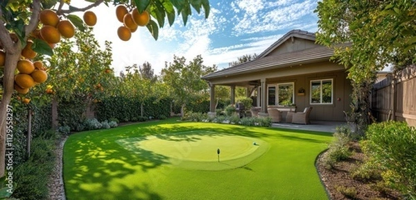 Fototapeta A Craftsman-style home with a beautifully landscaped backyard that includes a manicured lawn, fruit trees, and a small putting green for golf lovers