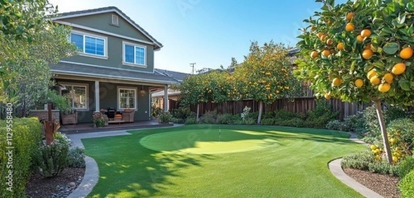Obraz A Craftsman-style home with a beautifully landscaped backyard that includes a manicured lawn, fruit trees, and a small putting green for golf lovers