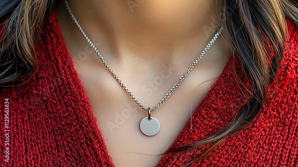 Fototapeta A close-up of a silver necklace featuring a round pendant, worn by a woman in a red sweater. The image highlights the necklace's design and texture.