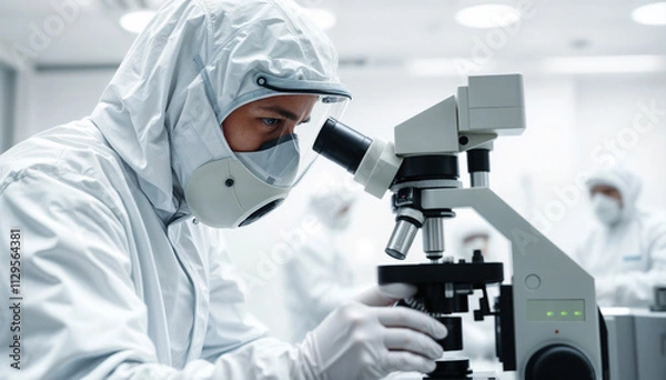 Obraz Level 4 Biosafety Lab, Virologist conducts research under microscope. - Generative AI