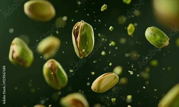 Fototapeta Pistachio nuts flying in air, showcasing vibrant green color and texture, scattered pieces, dynamic composition