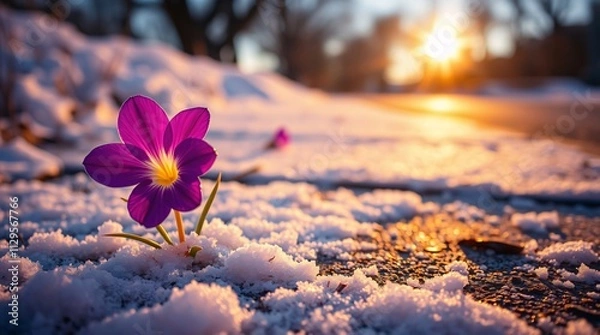 Obraz Vibrant Flower Emerging from Snow-Covered Pavement: A Symbol of Hope.