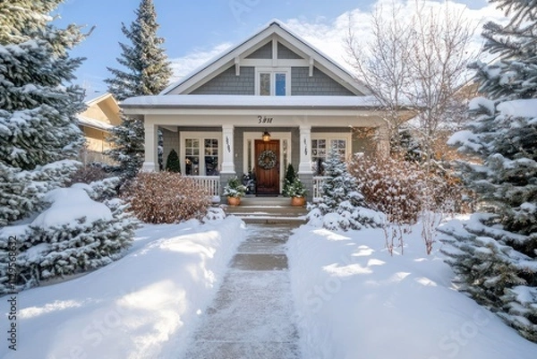 Fototapeta A Craftsman home with snow-covered pathways, surrounded by evergreen trees and a charming front porch adorned with winter decor