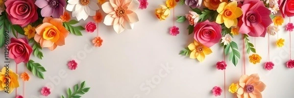Fototapeta Backdrop featuring colorful paper roses in various shades of pink, red, orange, and yellow, handmade, background