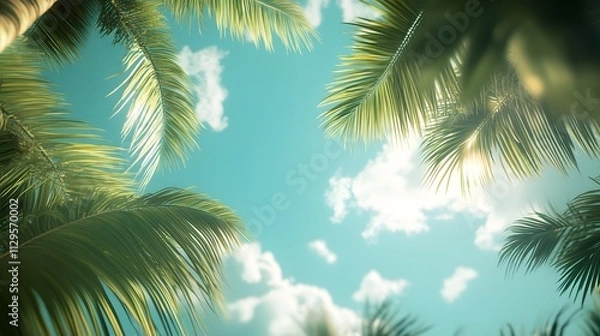 Obraz  Low-angle shot of three palm trees, summer vibes, tropical background