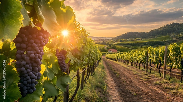Obraz Vineyards with grapevines and wineries along a wine road, illuminated by the evening sun in Europe.