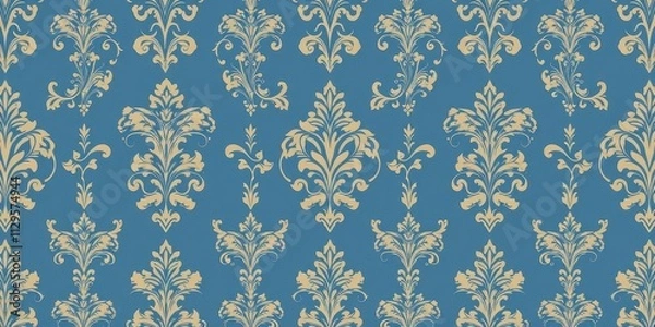 Fototapeta Elegant and seamless damask wallpaper design with intricate floral motifs in a classic color palette of gold and blue, color palette, classic, blue