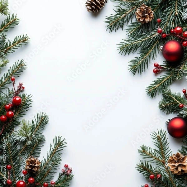 Obraz Red and Gold Christmas Frame with Pine Branches