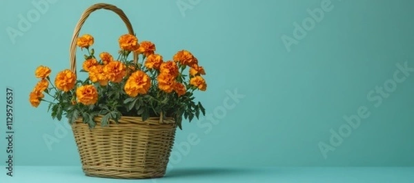 Fototapeta Orange marigolds in a wicker basket against a teal background.