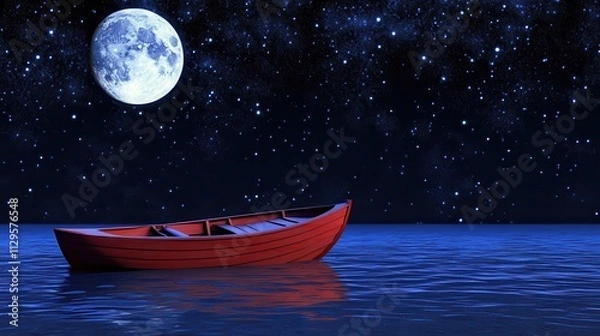 Fototapeta A serene night scene featuring a red boat on calm water under a bright moon and starry sky.