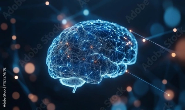 Obraz Glowing wireframe brain, network connections, dark background.