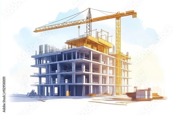 Obraz Modern construction site with crane and partially built structure during daytime in urban area