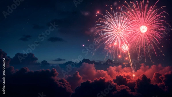 Obraz Vivid Fireworks over Dramatic Pink Clouds at Night during New Year or July 4th Celebrations