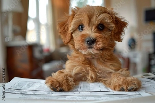 Fototapeta Tax Preparation with a Furry Friend: Accountant and Adorable Puppy in Action