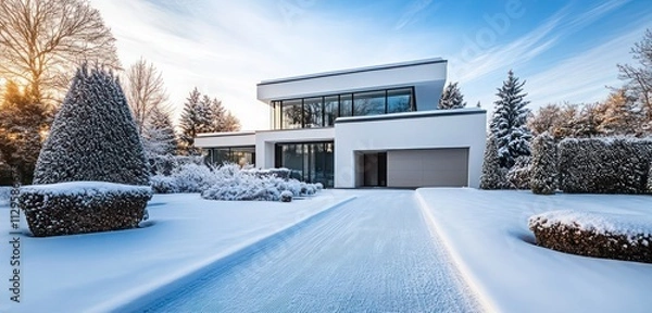 Fototapeta A luxurious modern villa with a snow-covered driveway, pristine garden, and minimalistic architecture accentuated by the winter scenery