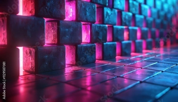 Fototapeta A wall of pink and blue blocks with a light shining through the middle