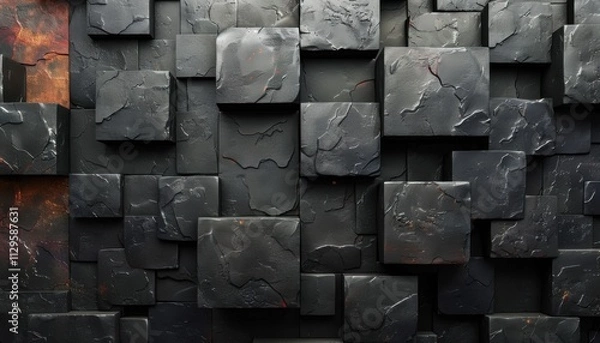 Fototapeta A black and white photo of a wall made of black and grey blocks