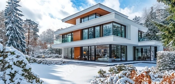 Fototapeta A luxury modern villa in a snowy winter scene, featuring sharp lines, expansive windows, and a tranquil snowy garden