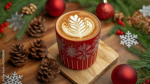 Fototapeta A warm, festive cup of latte art with holiday decorations and pine cones, perfect for cozy winter vibes.