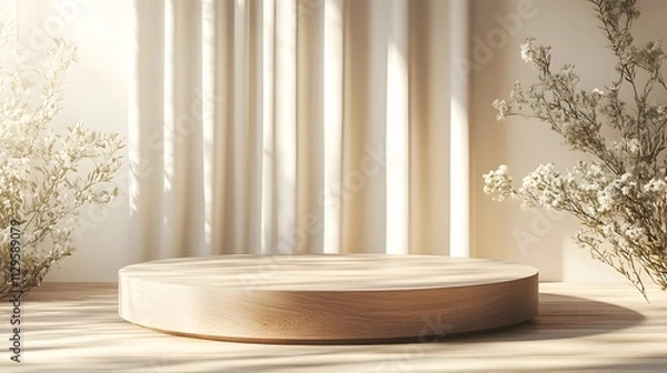 Obraz A podium for product presentation, with light wood and beige tones