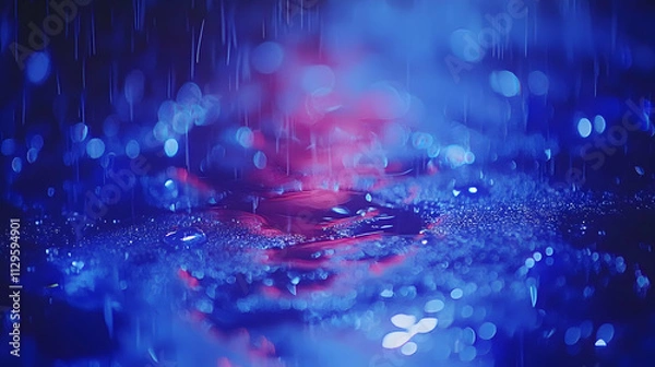 Fototapeta Abstract rain puddle with blue and red light reflections.