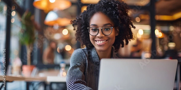 Fototapeta Professional woman smiling while working on laptop, Confident freelancer in a cozy café setting