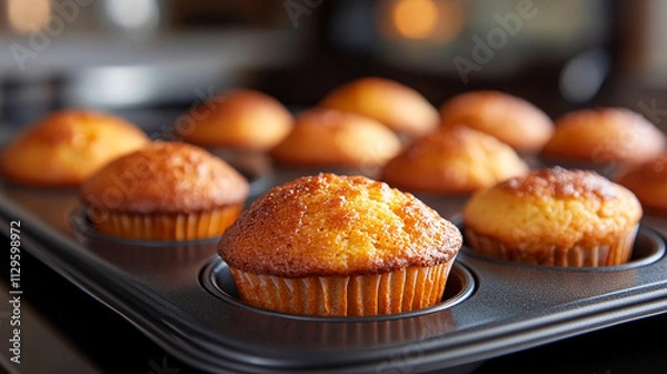 Fototapeta Freshly baked muffins resting in a muffin pan, showcasing their golden, inviting texture and soft appearance, symbolizing warmth, comfort, and the satisfaction of homemade goodness