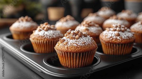 Fototapeta Freshly baked muffins resting in a muffin pan, showcasing their golden, inviting texture and soft appearance, symbolizing warmth, comfort, and the satisfaction of homemade goodness