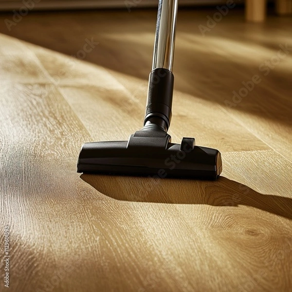Obraz Close-up of vacuum cleaner on wooden floor with sunlight filtering in, emphasizing house cleaning concept