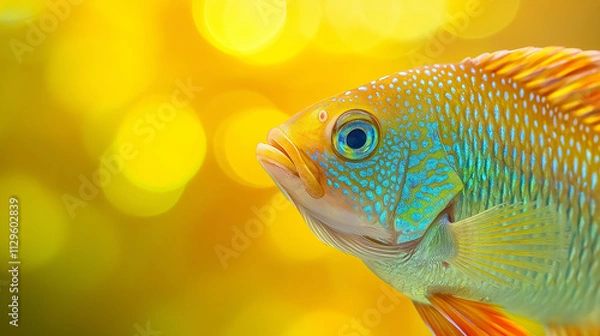 Fototapeta close-up of flying rainbow-colored fish, pastel gradient background blending soft blue and greens