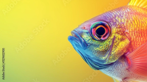 Fototapeta close-up of flying rainbow-colored fish, pastel gradient background blending soft blue and greens