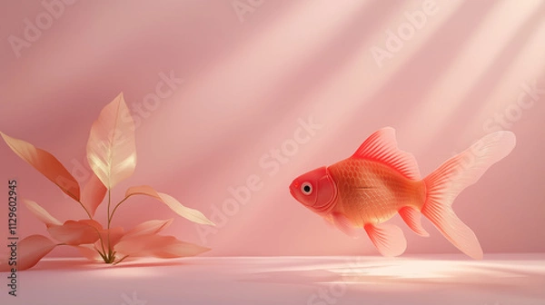 Fototapeta flying rainbow-colored fish, pastel gradient background blending soft blue and greens